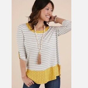Matilda Jane Women’s Once Upon a Time Oracle Tunic Grey Stripe Yellow Polka Dot